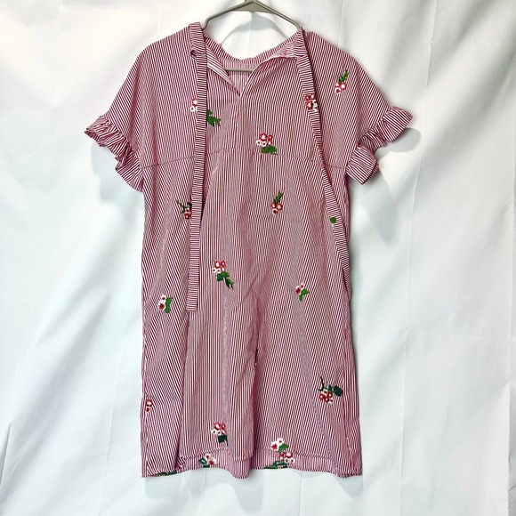 Woman's Striped Summer Travel Short Dress with Floral Embroidery Ruffle Sleeve - Picture 3 of 9